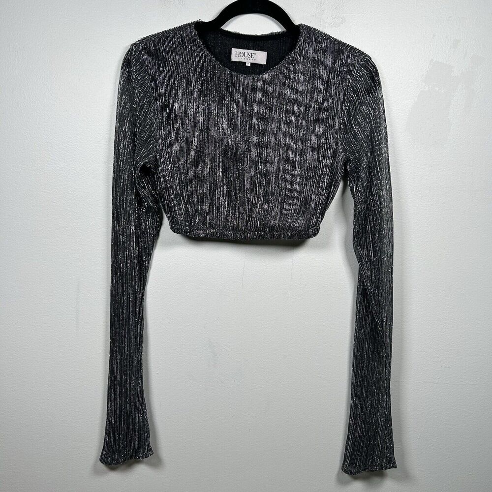 HOUSE OF CB LONDON Cropped Top Long Sleeve Metallic Silver Women's Size Medium